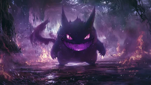Ghost-like creature in purple mist within burning cavern.