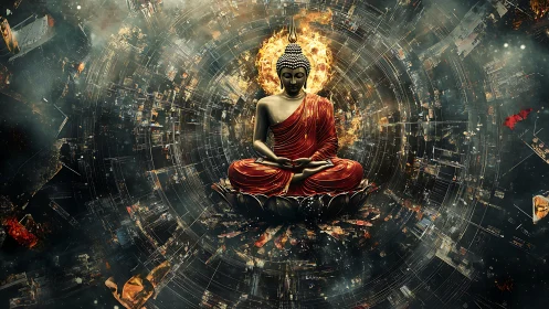 Cosmic Buddha meditates within a blazing digital mandala.