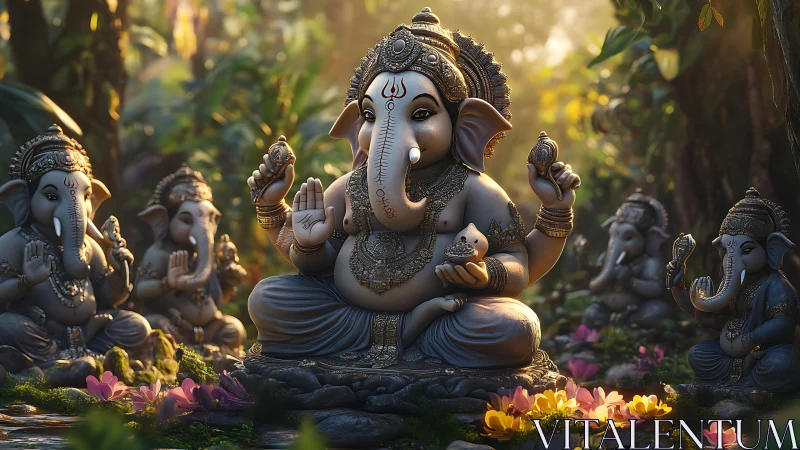 Ganesh statues in jungle glade with volumetric dawn lighting.