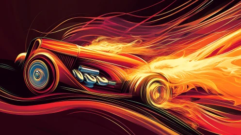 Flaming hot rod erupts in neon streaks of motion and speed.