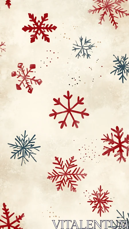 Vintage red and blue snowflake pattern on parchment ground.