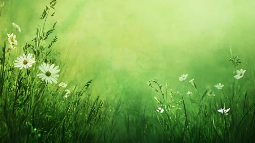 Meadow with white daisies in green field gradient.
