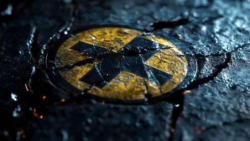 Weathered yellow symbol glowing through cracked pavement.