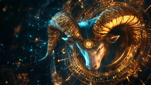 Golden ram head with glowing zodiac circle and sparks.