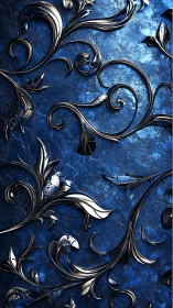 3D metallic botanical scrollwork on textured cobalt ground.