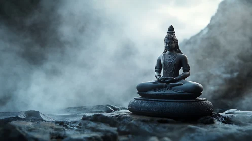 Meditating Buddha statue rests in misty mountain silence.