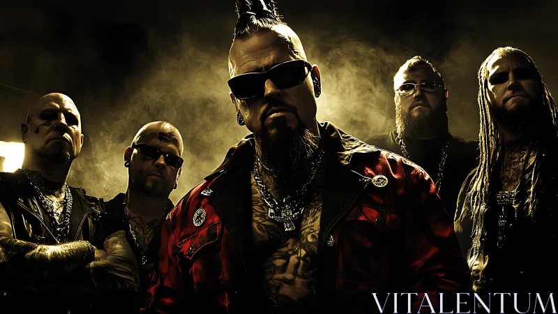 Heavy metal band pose under gritty cinematic backlight.