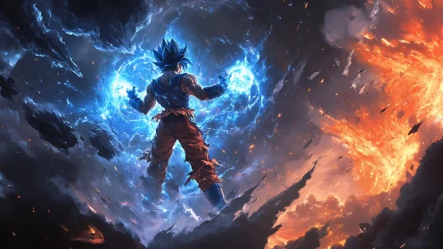 Energetic warrior channels dual-element vortex within storm sky