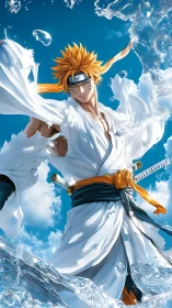 Storm-bright shinobi swordsman dancing with skywater.