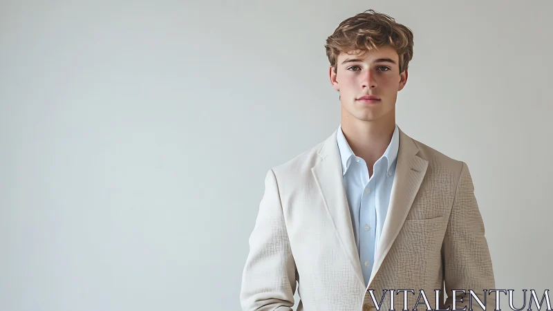 Young male subject stands in beige suit against plain backdrop