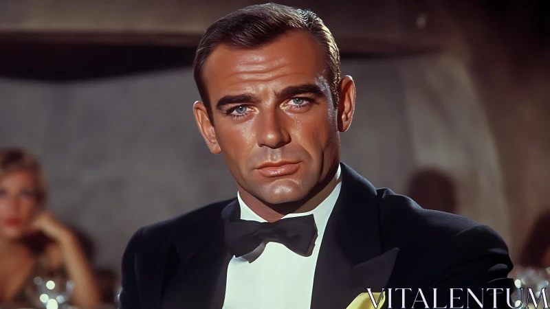 Cinematic tuxedo portrait under controlled warm key lighting.