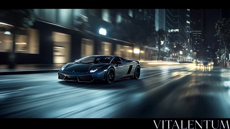Midnight supercar powers through cinematic wet city streets.