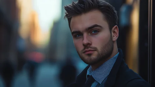City twilight portrait with quiet, thoughtful confidence.