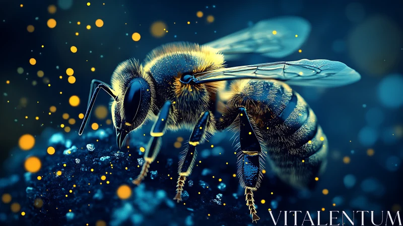 Close-up digital bee on glittering surface in blue light.