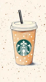 Illustrated paper coffee cup with straw on speckled background.