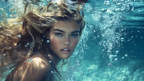 Underwater muse drifting through sunlit sapphire tides.