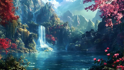 Waterfall valley with temple and vivid foliage under mountains