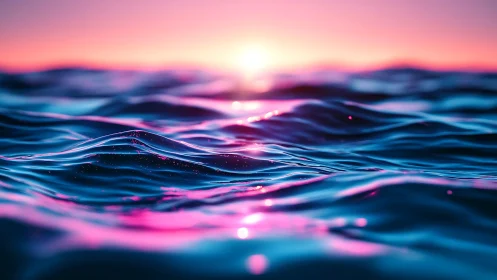 Neon-lit ocean surface captures iridescent sunset reflections