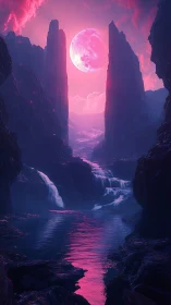 Luminous pink moon rises above misty alien waterfalls