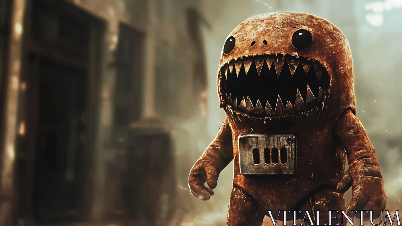 Rusty monster plush stalks a foggy abandoned city street.