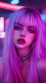 Neon lit portrait of a stylized young woman with pink hair.