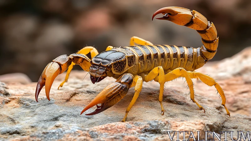 Yellow scorpion on rocky terrain in detailed close-up view.