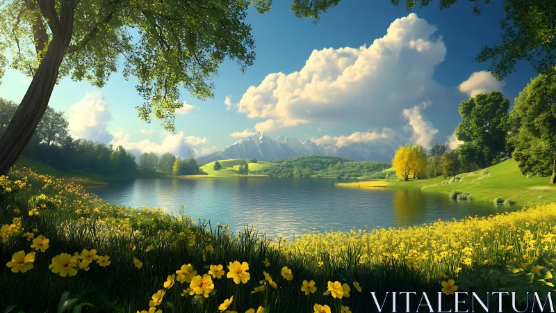 Sunlit alpine lake framed by wildflower meadow and distant peaks