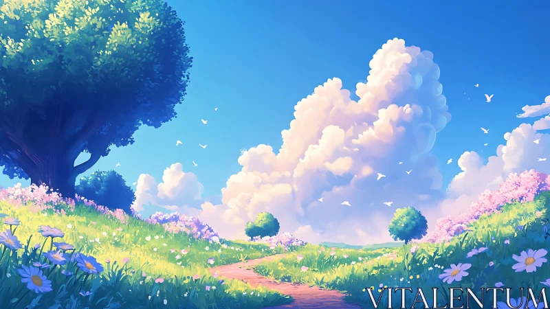 Sunlit flower meadow unfolds beneath towering summer clouds