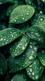 Close-up green leaves with water droplets after rainfall.