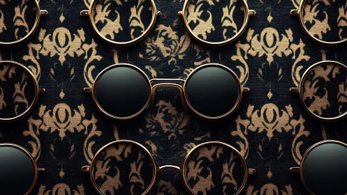 Gold round sunglasses grid on baroque damask textile surface