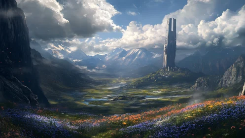 Futuristic tower rising over vast alpine flower valley.