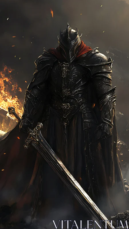 Flame‑lit dark knight in ornate gothic armor with greatsword