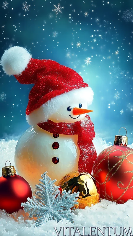 Snowman with ornaments in snowy winter scene at night.