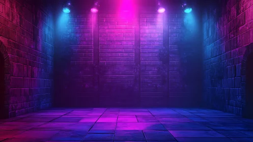 Neon-lit brick interior stage with colored spotlights.