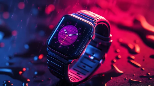 Smartwatch is positioned on wet surface under neon lighting
