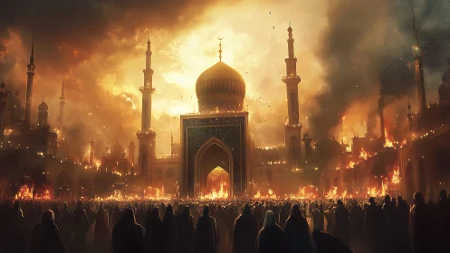 Citadel of embers under a mourning sky of smoke and flame.