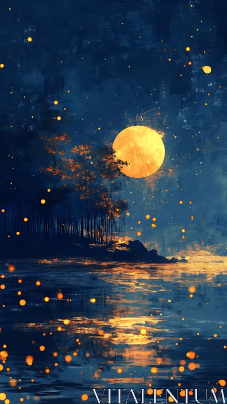 Moonlit forest shoreline under drifting firefly lights.