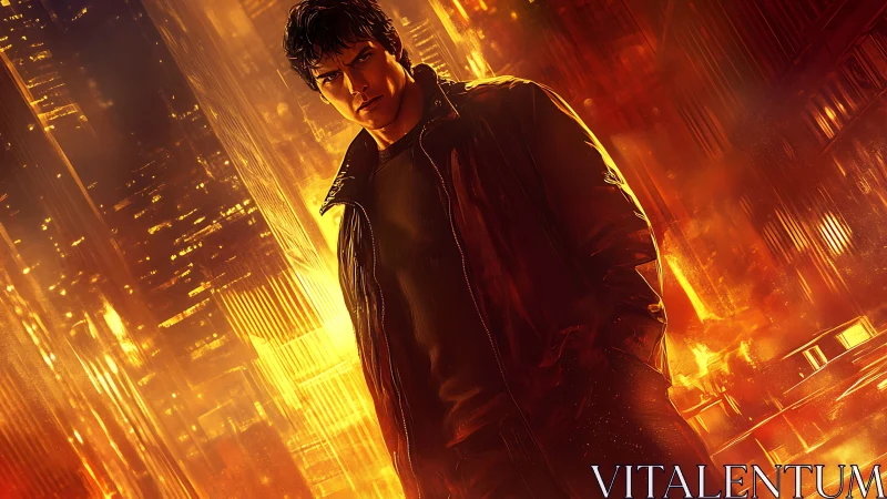 Man stands in glowing orange cityscape with intense lighting