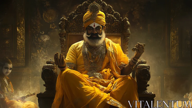 Regal spiritual king in golden robes rules a misty throne room
