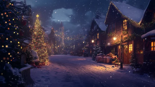 Snow-dusted village street hums softly with Christmas light