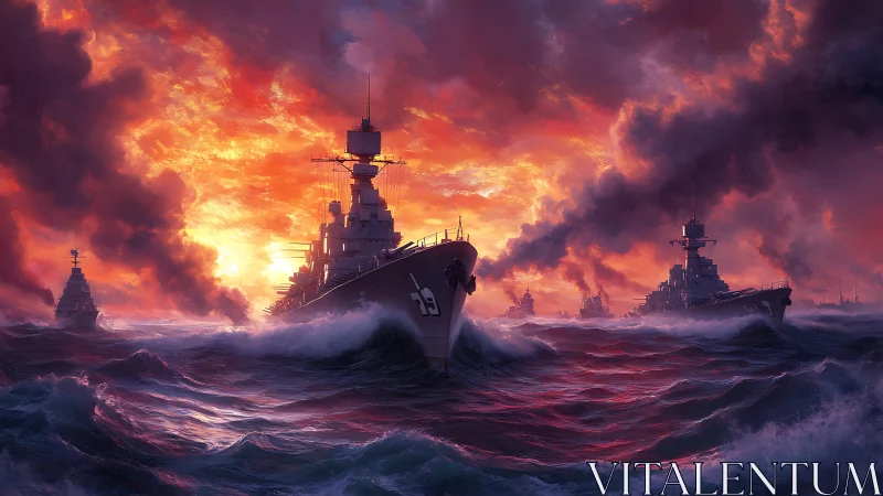 Warships advance through storm-tossed sea under burning sky