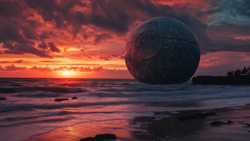 Metallic spherical structure hovers above vivid ocean sunset