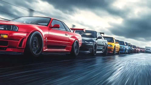 Sports cars in tight formation on wet highway under clouds.
