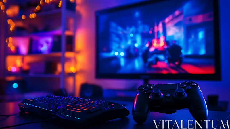 RGB-lit gaming workstation with controller in neon glow.