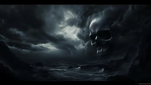Storm-wreathed skull looms over a dark, haunted seascape.