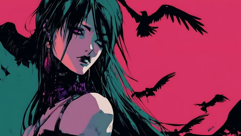 Gothic anime portrait contrasts teal shadows with magenta sky