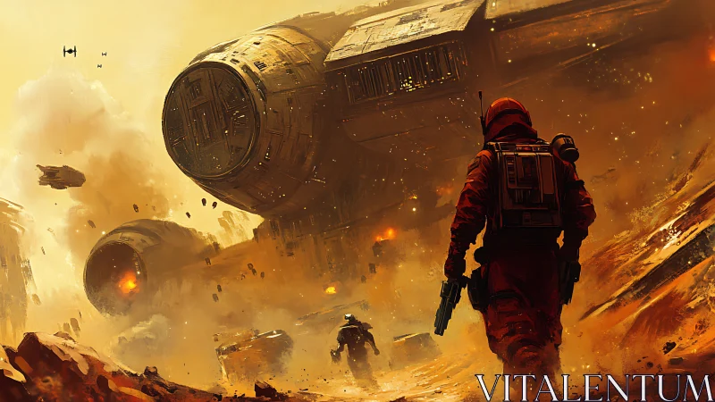 Stranded astronaut advances through burning wrecked starship canyon