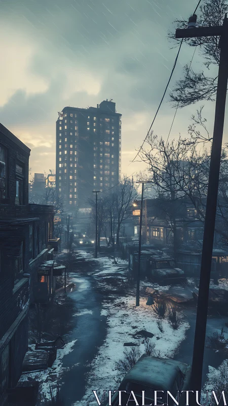 Snowy abandoned street glows beneath looming tower lights.