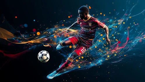 Soccer player kicks ball amid dynamic neon light trails