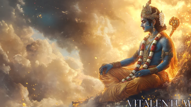 Divine blue deity in meditative pose amid radiant cloudscape